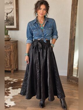 Cato Black Satin Tie-Waist Circle Skirt